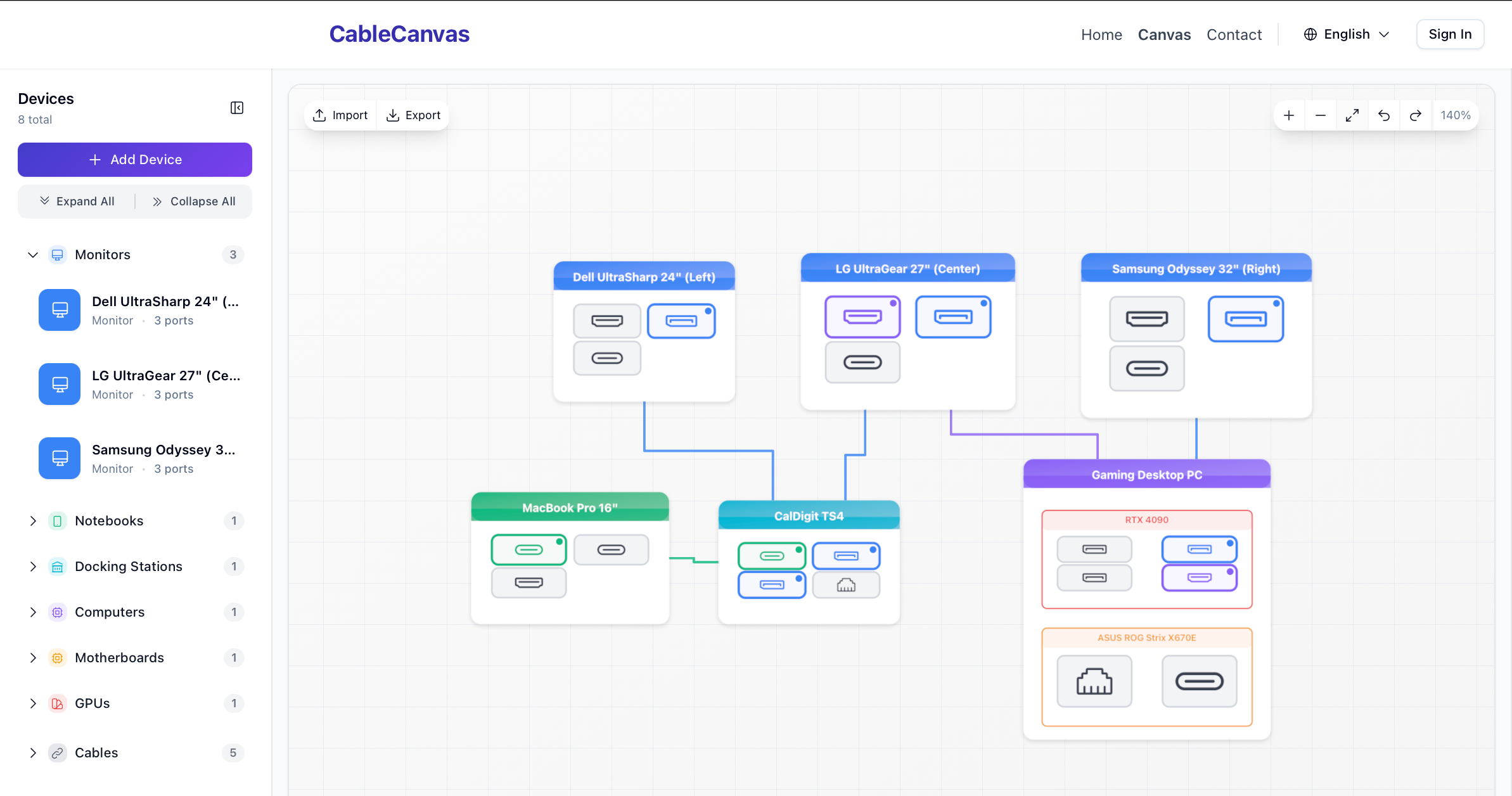 CableCanvas interface showing a professional workstation setup with monitors, laptop, docking station, and desktop PC connected with color-coded cables