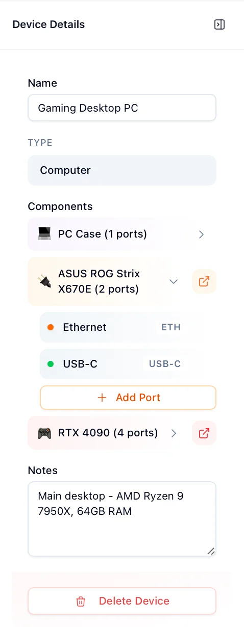 Device details panel